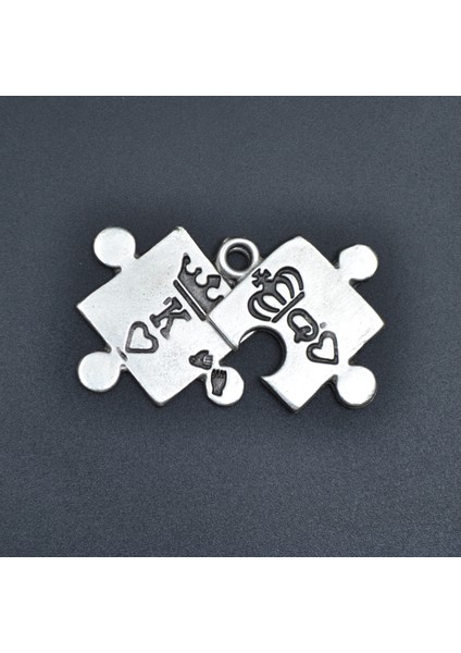Puzzle - King - Queen Deri ip Kolye - Gümüş Kaplama - Kadın Erkek Kolye - No:955