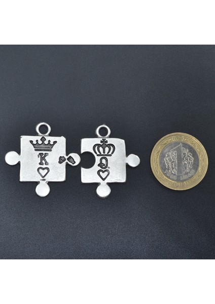 Puzzle - King - Queen Deri ip Kolye - Gümüş Kaplama - Kadın Erkek Kolye - No:955