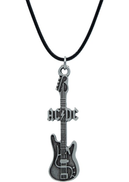 AC/DC Elektro Gitar Deri ip Kolye - Gümüş Kaplama - Kadın Erkek Kolye - No:1045