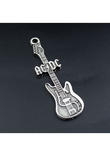 AC/DC Elektro Gitar Deri ip Kolye - Gümüş Kaplama - Kadın Erkek Kolye - No:1045