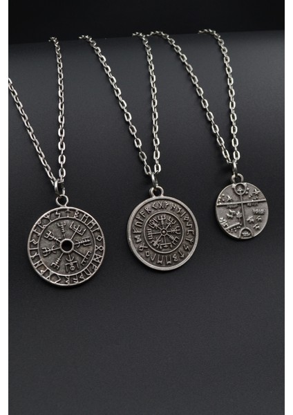 3'lü Viking Pusula Tılsım Şaman Davulu - Kam Davulu Erkek Kadın Kolye Seti - Kod:1226