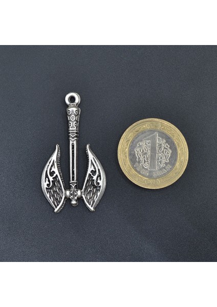 Çift Taraflı Desenli Balta - Double Axe Zincir Kolye - Gümüş Kaplama - Erkek Kadın Kolye - Kod:464