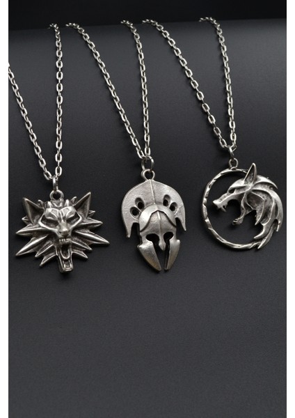 3'lü The Witcher Kurt Savaşçı Gladyatör Miğfer Erkek Kadın Kolye Seti - Kod:1217