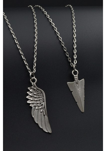 2'li Kartal Melek Kanat - Triagle Ok Ucu Erkek Kadın Kolye Seti - Kod:714