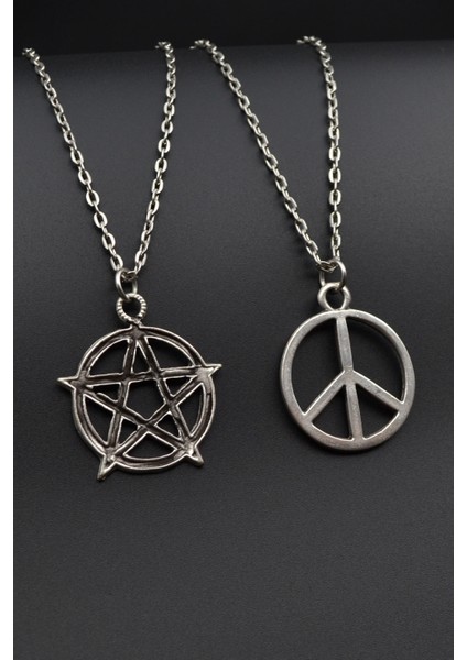 2'li Pentagram Wicca - Barış İşareti Peace Erkek Kadın Kolye Seti - Kod:606