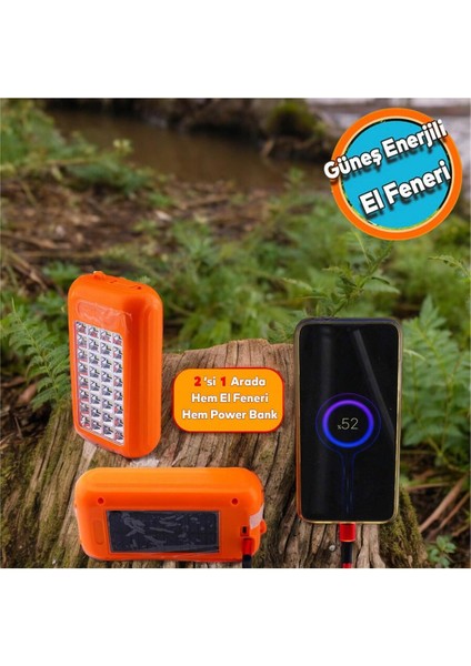 Solar Güneş Enerjili El Feneri Işıldak 10,000 Mah Power Bank Çadır ve Kamp Işığı