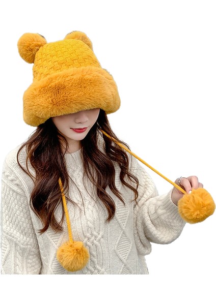 Bayanlar Sonbahar ve Kış Sevimli Mickey Kürk Topu Kazak Kap Sıcak Artı Polar Earmuffs Örme Şapka (Yurt Dışından)