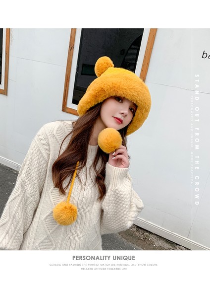 Bayanlar Sonbahar ve Kış Sevimli Mickey Kürk Topu Kazak Kap Sıcak Artı Polar Earmuffs Örme Şapka (Yurt Dışından)