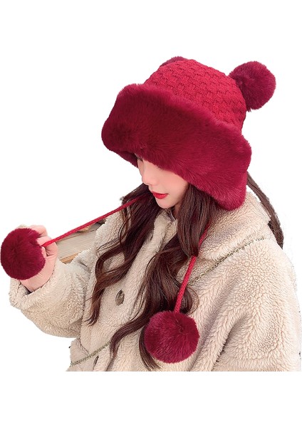 Bayanlar Sonbahar ve Kış Sevimli Mickey Kürk Topu Kazak Kap Sıcak Artı Polar Earmuffs Örme Şapka (Yurt Dışından)