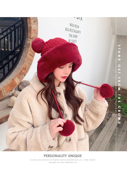 Bayanlar Sonbahar ve Kış Sevimli Mickey Kürk Topu Kazak Kap Sıcak Artı Polar Earmuffs Örme Şapka (Yurt Dışından) fiyatları