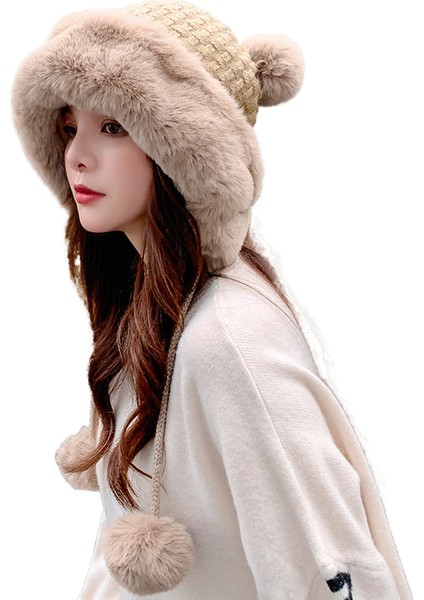 Bayanlar Sonbahar ve Kış Sevimli Mickey Kürk Topu Kazak Kap Sıcak Artı Polar Earmuffs Örme Şapka (Yurt Dışından)