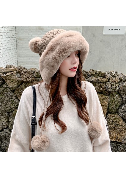 Bayanlar Sonbahar ve Kış Sevimli Mickey Kürk Topu Kazak Kap Sıcak Artı Polar Earmuffs Örme Şapka (Yurt Dışından)