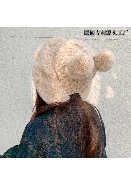 Bayanlar Sonbahar ve Kış Sevimli Mickey Kürk Topu Kazak Kap Sıcak Artı Polar Earmuffs Örme Şapka (Yurt Dışından)