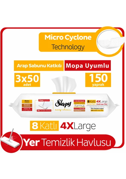 Easy Clean Arap Sabunu Katkılı Mopa Uyumlu Yer Temizlik Havlusu 3X50 (150 Yaprak)