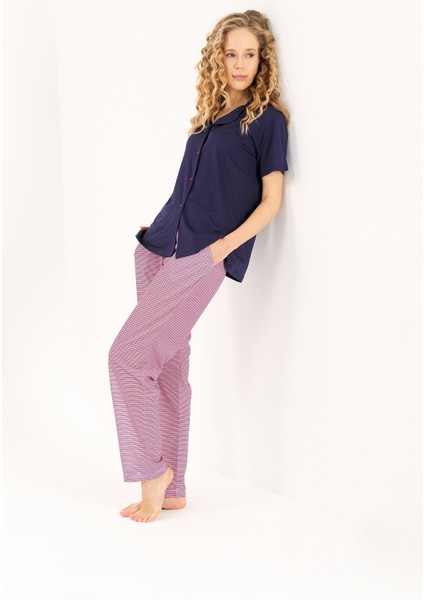 Lacivert Gömlek Yaka 3'Lü Viskon Kadın Pijama Takımı