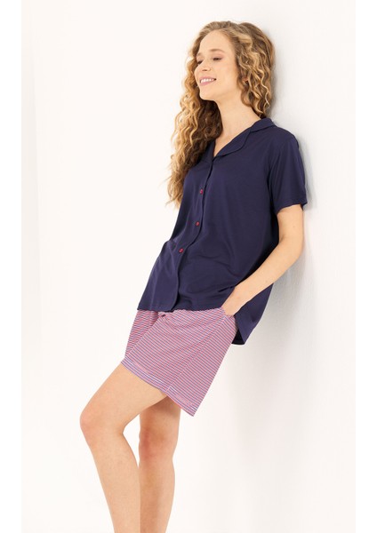 Lacivert Gömlek Yaka 3'Lü Viskon Kadın Pijama Takımı fiyatları