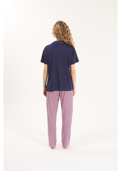 Lacivert Gömlek Yaka 3'Lü Viskon Kadın Pijama Takımı modelleri