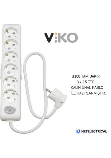 Multi-Let 6'lı 7 Metre Anahtarlı Topraklı Çocuk Korumalı Kablolu Grup Priz (3x2.5 Ttr Tam Bakır Kalın Kablolu)