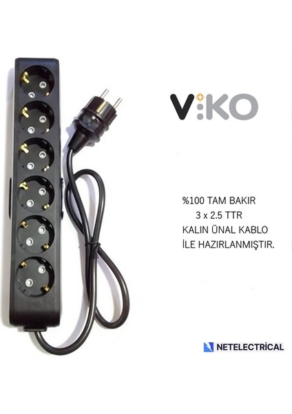 Multi-Let Siyah 6'lı 3 Metre Topraklı Çocuk Korumalı Kablolu Grup Priz (3x2.5 Ttr Tam Bakır Kalın Kablolu)