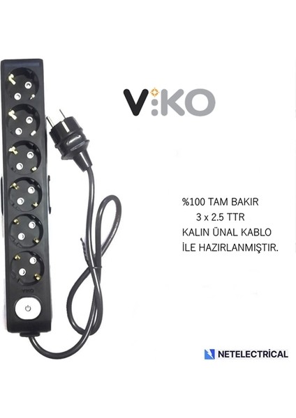 Multi-Let Siyah 6'lı 10 Metre Anahtarlı Topraklı Çocuk Korumalı Kablolu Grup Priz (3x2.5 Ttr Tam Bakır Kalın Kablolu) modelleri