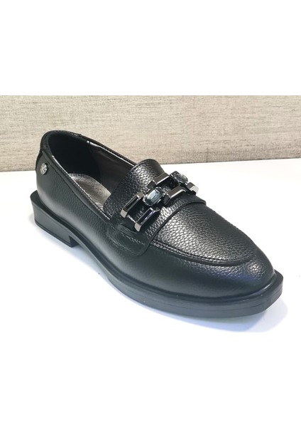 217 Kadn Taşlı Tokalı Kısa Topuklu Casual Ayakkabı Siyah