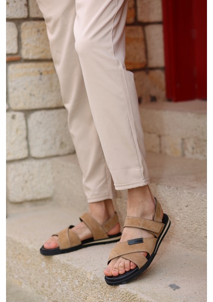 Hakiki Deri Cırt Cırtlı Sandalet Erkekler İçin Ortopedik ve Rahat Kullanım