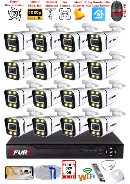 16 Kameralı 1080P Görüntü Gece Renkli Full Hd 4 x Ultra LED Gece Renkli Güvenlik Kamerası Seti 320 GB