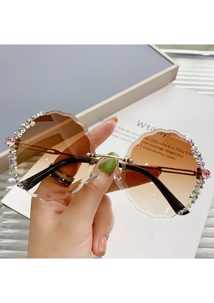 Wekity Kadınlar Için Güneş Gözlüğü Büyük Boy Yuvarlak Çiçek Şekli Elmas Kristal Güneş Gözlüğü Çerçevesiz Elmas Kesim Lens Güneş Gözlükleri (Yurt Dışından)