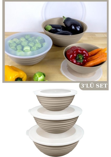 3 Boy Kapaklı Yuvarlak Kase, Çok Amaçlı Erzak Gıda Saklama Kabı 3’lü Set (3lt, 2lt, 1lt) Bej
