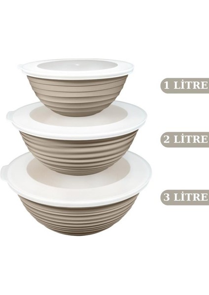 3 Boy Kapaklı Yuvarlak Kase, Çok Amaçlı Erzak Gıda Saklama Kabı 3’lü Set (3lt, 2lt, 1lt) Bej