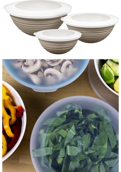 3 Boy Kapaklı Yuvarlak Kase, Çok Amaçlı Erzak Gıda Saklama Kabı 3’lü Set (3lt, 2lt, 1lt) Bej