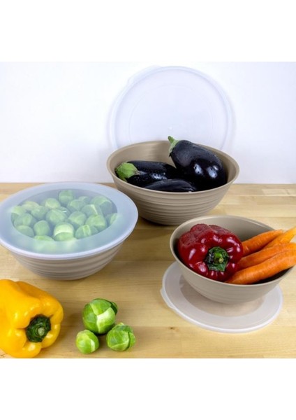 3 Boy Kapaklı Yuvarlak Kase, Çok Amaçlı Erzak Gıda Saklama Kabı 3’lü Set (3lt, 2lt, 1lt) Bej