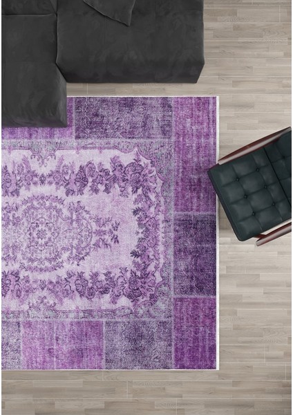 Klasik Mor yolluk Dijital Baskılı Makinede Yıkanabilir Kaymaz Taban Saçaklı Halı HK059