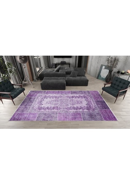 Klasik Mor yolluk Dijital Baskılı Makinede Yıkanabilir Kaymaz Taban Saçaklı Halı HK059
