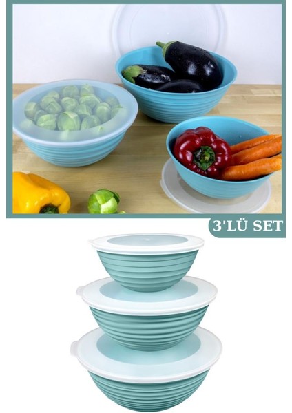 3 Boy Kapaklı Yuvarlak Kase, Çok Amaçlı Erzak Gıda Saklama Kabı 3’lü Set (3lt, 2lt, 1lt) Turkuaz