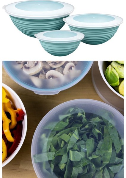 3 Boy Kapaklı Yuvarlak Kase, Çok Amaçlı Erzak Gıda Saklama Kabı 3’lü Set (3lt, 2lt, 1lt) Turkuaz