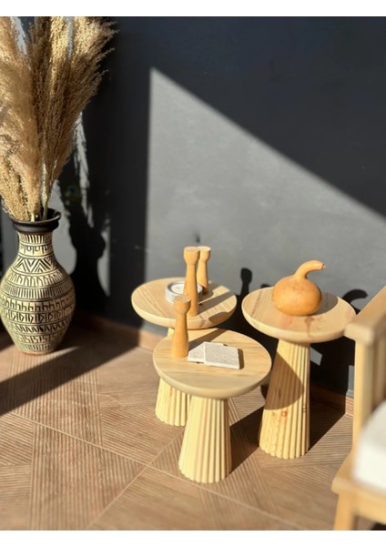 Wood Wooden Mantar Sehpa 3'lü Set Üçlü Set