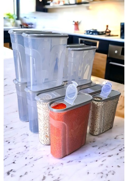 12 Adet Erzak Bakliyat Saklama Kabı ( 6 ve 3,5 Litre ) Kiler Box 12 'li Set Lüks Şık Kutu Soft Gri