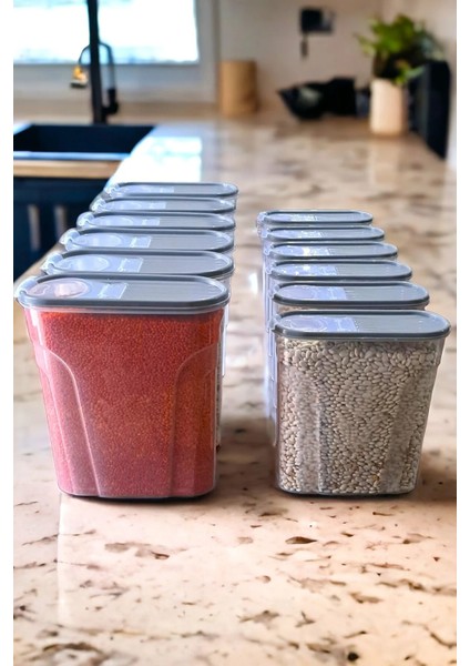 12 Adet Erzak Bakliyat Saklama Kabı ( 6 ve 3,5 Litre ) Kiler Box 12 'li Set Lüks Şık Kutu Soft Gri modelleri