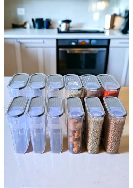 12 Adet Erzak Bakliyat Saklama Kabı ( 6 ve 3,5 Litre ) Kiler Box 12 'li Set Lüks Şık Kutu Soft Gri fırsatları
