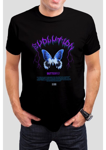 Butterfly Baskılı Siyah Unisex Tişört