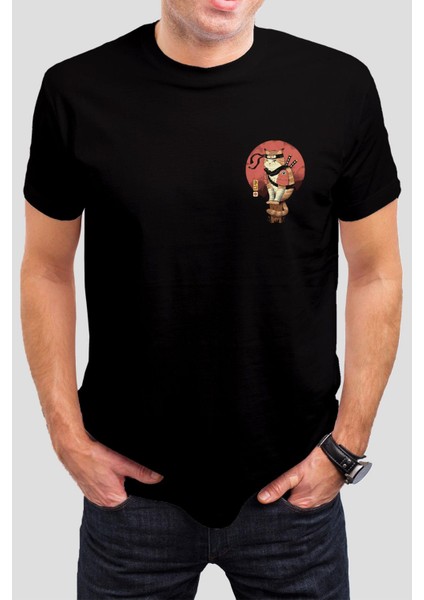 Japon Kedi Baskılı Siyah Unisex Tişört