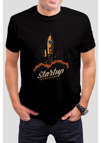 Startup Baskılı Siyah Unisex Tişört