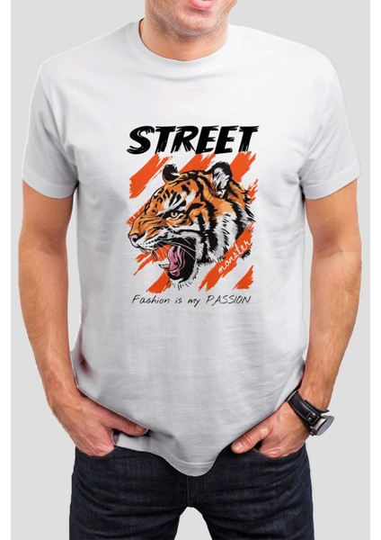 Kaplan Baskılı Beyaz Unisex Tişört