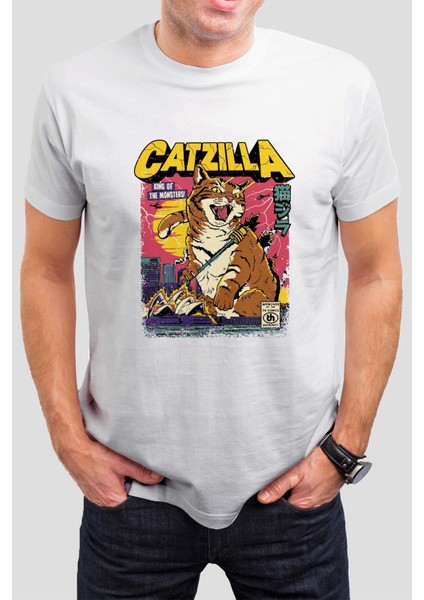 Catzilla Baskılı Beyaz Unisex Tişört