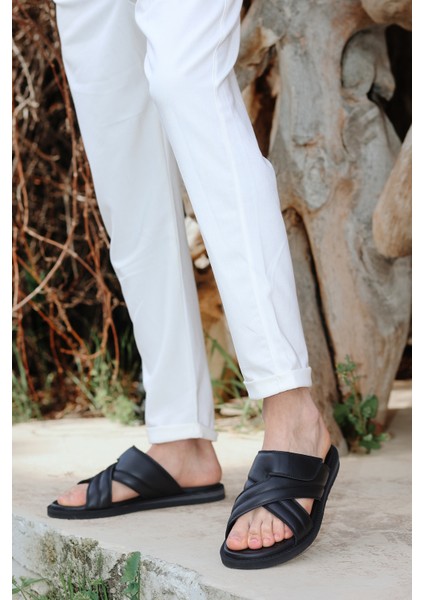 Hakiki Deri Kalın Çapraz Bantlı Ortopedik Tasarım Günlük Kullanıma Uygun Erkek Terlik