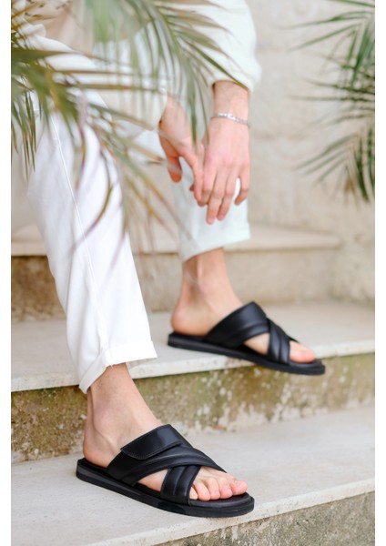 Hakiki Deri Kalın Çapraz Bantlı Ortopedik Tasarım Günlük Kullanıma Uygun Erkek Terlik fiyatları