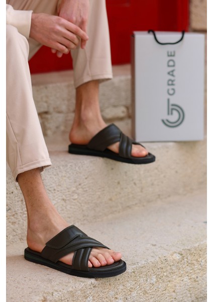 Hakiki Deri Kalın Çapraz Bantlı Ortopedik Tasarım Günlük Kullanıma Uygun Erkek Terlik modelleri