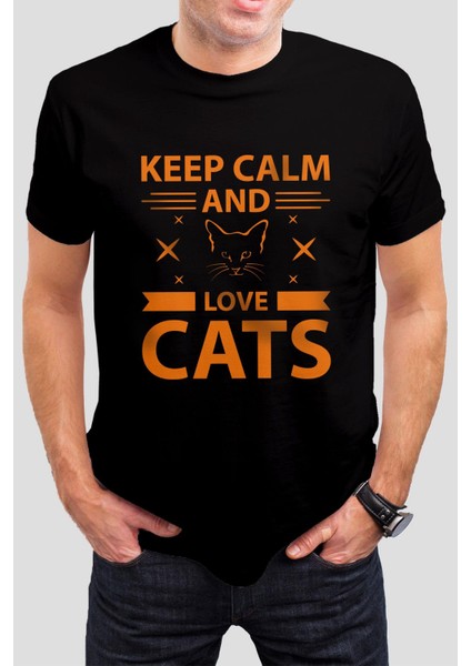 Kedi Baskılı Siyah Unisex Tişört