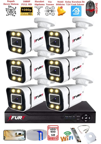 6 Kameralı 1080P Görüntü Gece Renkli Full Hd 4 x Ultra LED Gece Renkli Güvenlik Kamerası Seti 500 GB